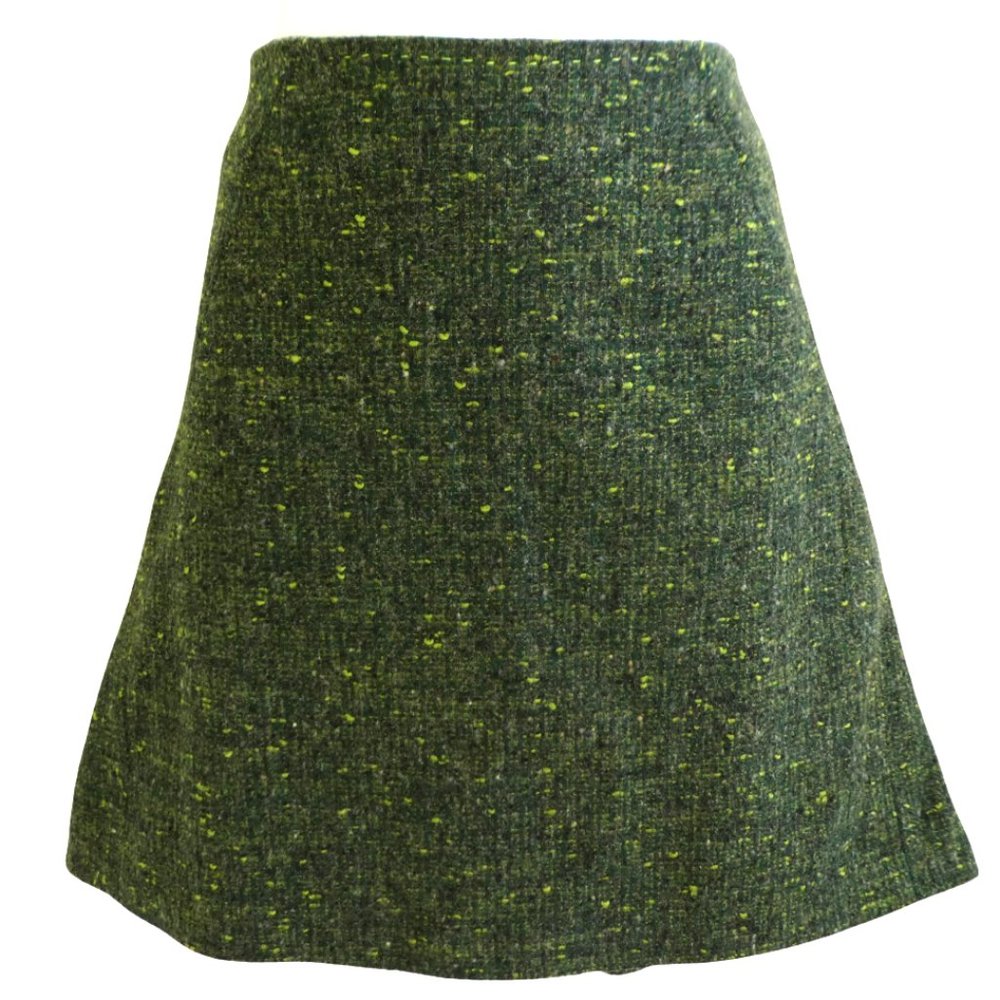 Elie Tahari Designer WooL Blend Tweed Mini Skirt Green Pleated Lined Slip Hem
